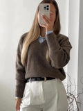 MQTIME  -  Elegant Solid V-neck Sweater For Women Autumn Winter Classical Knitted Pullover Long Sleeve Lady Street Simple Basic Jumper