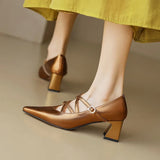 MQTIME  -  2024 spring women pumps natural leather shoes 22-24.5cm sheepskin+cowhide+pigskin pointed toe cross-tied Mary Jane shoes women