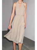 MQTIME  -  Halter Dress With Belt for Women Backless V Neck Women's Midi Dress With Adjustable Tie Belt Female Party Dresses