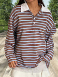 MQTIME  -  Women s Striped Long Sleeve T-shirt with Turn-down Collar Perfect for Casual Daily Wear in the Fall Season Streetwear Style