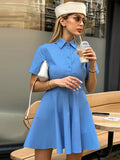 MQTIME  -  Elegant Blue Lapel Short Dresses Women Versatile Chic Slim Fit Full Sleeve Single Breasted Mini Dress Female Chic Street Daily