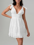 MQTIME  -  Women Summer White Dress Bow Lacing Strap V-Neck Hollow Eyelet Ruffle Hem A-Line Short Cami Dresses