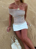 MQTIME  -  Women Colorful Striped Tube Off-shoulder Top Chic Smocked Waist Slim Cropped Tops Lady Summer New Party Vacation Wear