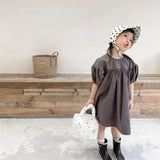MQTIME  -  Summer Korean Style Baby Girls Cotton Dresses Puff Sleeve Solid Color Kids Robe Children Casual Dress