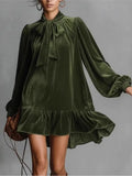  MQTIME  -  Spring Autumn Long Sleeve Elegant Velvet Bow Mini Dress Women's Clothing Casual Party Work Evening Office Lady Dresses