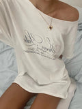 MQTIME  -  Streetwear Vintage Tshirt Women Letter Print Oversize Tee Short Sleeve Korean Fashion Off Shoulder Aesthetic Office Lady
