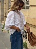MQTIME  -  Embroidery Hollowed Out Shirts Women Sexy Lace Up Loose Blouse Short Sleeve Holiday Shirt Tops Women Summer Fashion T Shirt