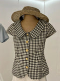  MQTIME  -  Summer French Vintage Plaid Print Peter Pan Collar Short Sleeve Single Breasted Women Shirt