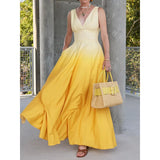 MQTIME  -  Summer New Fashion V-neck Women's Sleeveless Waist Dress Simple Gradient Color Female Vacation Date Long Dresses
