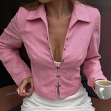 MQTIME  -  Trendy Summer New Womens Corduroy Shirt Jacket Long Sleeve Lapel Slim Fit Casual Blouse Tops for Work Travel Trendy