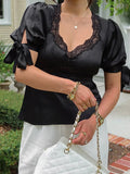 MQTIME  -  Women's Elegant Satin Blouse Top with Lace Trim Puff Sleeve Square Neck Tie Cuff Sweetheart Neckline Casual Office Lady Clubwear