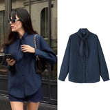 MQTIME  -  Women Plaid Shirts Spring Autumn New Female Scarf Collar Lace-Up Long Sleeve Single Fashion Blouses Lady Casual Chic Shirt Tops