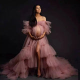 MQTIME  -  Elegant Tulle Cardigan Maternity Dress For Photoshoot Long Pleated Hem Detachable Sleeves Pregnant Women Dress For Wedding Guest