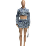 MQTIME  -  Women Jeans Cargo Two Piece Set Turn Down Collar Long Sleeve Single Breasted Crop Jackets Top Pockets Belt Mini Skirts Suits