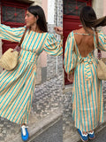 MQTIME  -  Casual Stripe Backless Long Dresses Women Elegant Loose Backless Lace Up Lantern Sleeve Female Dress Summer Holiday Lady Robe