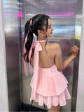 MQTIME  -  Elegant Pink Halter Dress Women Fashion Sleeveless Backless Layered Ruffle Loose Dresses  Summer Lady Beach Vacation Robes