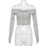 MQTIME -  Autumn New Off Shoulder Solid Color Long-Sleeved Top Zipper Fashion Girls High-Waist Elastic Short Skirt Preppy Style