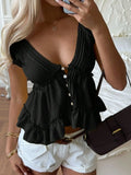 MQTIME  -  Women Summer Vacation Cute Elegant Yellow Frill Ruffle Trim Single Breasted Shirt Blouse Top Ladies Beach Holiday Daily Wear