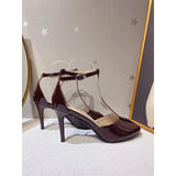 MQTIME  -  Summer New Product Fish Mouth Fine Heel Brown T-shaped with Hollow High Heels Simple and Versatile Sandals Women's Shoes