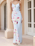 MQTIME  -  Women s Boho Floral Print Sleeveless Maxi Dress with Adjustable Spaghetti Straps and Back Tie Detail for Summer Beach Party