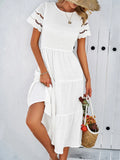 MQTIME  -  Solid Color Midi Dress Round Neck Short Sleeve Pleated A-line Summer Dress Femme Boho Vestidos White Party Dresses