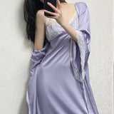 MQTIME  -  Female Twinset Robe Set Kimono Bathrobe Gown Sexy Backless Suspender Nightgown Lingerie with Bra Spring Summer Satin Home Dress