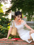 MQTIME  -  French White Moonlight Square Neck Bubble Sleeve Dress Women's Summer Lace Fragmented Short Skirt Women's Summer