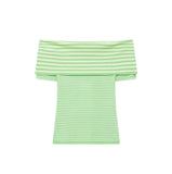 MQTIME  -  Green Striped Top Woman Chic Short Sleeve Off-shoulder Ribbed Knit Slim Fit Blouse  Casual Summer Street Holiday Shirts Y2k