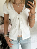 MQTIME  -  American Y2k Solid Lace Patchwork Fake Two Piece Sexy Bandage Bow Top Female