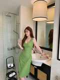 MQTIME  -  Green hollow V-neck suspender dress for women's summer sexy long Dress tie up wrap around buttocks Dress
