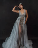 MQTIME  -  Maternity Dresses Women Photoshoots Beaded Lace Applique Pregnant Dress Detachable Overskirt Sexy Slit Maxi Dress