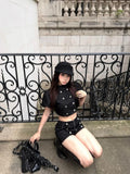 MQTIME  -  French Y2K 2 Piece Set Women Black Double Breasted Puff Sleeve Crop Top Low-Rise Mini Shorts Daily Slim Fit Party Outfit