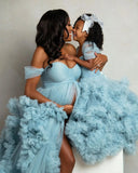 MQTIME  -  Blue Tulle Maternity Gown Mother and Daughter Photoshoot Dress Long Fluffy Pregnancy Ruffled Photography Dresses