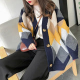 MQTIME  -  Women Argyle Plaid Knit Cardigan V Neck Long Sleeve Button Open Front Loose Sweater Coat Tops for Woman Casual Autumn Daily Wear