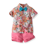 MQTIME  -  Boy's Summer Suit Printed Flower Short-sleeved Shirt and Strap Shorts with Bow Tie Pure Cotton 2-8 Years-old Boy 70-130cm