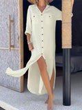 MQTIME  -  Summer Casual Shirt Dress for Women Single-breasted Long Sleeves Split-side Vacation Dresses Solid Color Long Dress