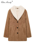 MQTIME  -  Vintage Lamb Wool Solid Women Outwear Lapel Full Sleeve Loose Female Jacket 2024 Casual Autumn Warm Single Breasted Lady Coat