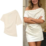  MQTIME  -  Women's Asymmetry Short Shirts & Blouses Top New Short Sleeve Ruched Fashion Streetwear Casual Chic Blouse Tops