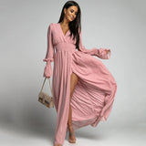 Mqtime Elegant V Neck High Waist Chiffon A-Line Long Dresses For Women Office Ladies Pleated Midi Dress Party Dress Vestidos