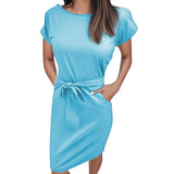 MQTIME  -  Summer Women Versatile Dress With Belt Casual Short Sleeve Round Neck Fashionable Dress Outfits Holiday Midi Sundress Vestidos