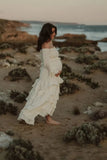  MQTIME  -  Maternity Photoshoot Dress Shed Gypsy Set Women's Boho Western Two-Pieces Cream Layered Ruffle Maxi Skirt For Pregnancy Session