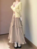  MQTIME  -  French-style Vintage 2 Piece Set Faux Two-piece Knitted Cardigan + Plaid High-waist Skirt Women New Winter Fashion Outfits