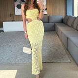 MQTIME  -  Temperament One Shoulder Lace Patchwork Long Dress Fashion Bag Hips Embroidery Party Dress New Women Solid Hollow Vacation Dress
