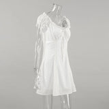 MQTIME  -  French Style White Lace Trim Short Sleeve Dress 2025 Summer A Line Bow Tie Casual Mini Dress