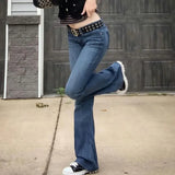 MQTIME  -  Womens Y2K Grunge Casual Denim Flared Long Pants Solid Color Skinny Low Waist Bell Bottom Jeans Trousers with Pockets