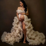 MQTIME  -   Sexy Maternity Gowns Photoshoot V Neck Ruffles A Line Sweep Train Tulle Pregnant Women Maternity Dresses for Photo Shoot