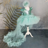 MQTIME Cyan Flower Girl Dresses Tulle With Bow And Tailing Short Sleeve For Wedding Birthday Party Banquet Princess Gowns