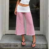  MQTIME  -  Women Striped Wide Leg Calf-Length Pants High Waist Casual Cropped Culottes Loose Fit Overlay Waistband Summer Streetwear
