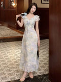 MQTIME  -  Dresses Women Temperament Floral Printed Ruffles Patchwork Bandage V Neck Elegant Summer Fashion Female Dress Casual