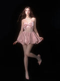 MQTIME  -  Y2k Pink Satin Spaghetti Strap Women Birthday Bud Dress Mini Ball Gown Summer Fashion Fairycore Cute Ballet Style Dress